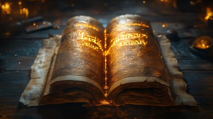 Ancient Scroll Illuminated with Golden Letters. Generative AI