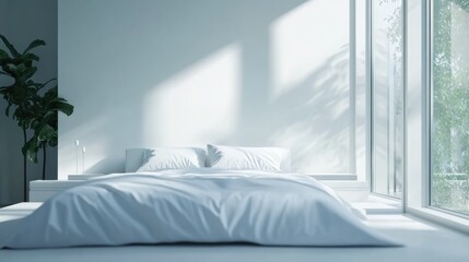 Minimalist bedroom with white and soft blue bedding. Featuring a clean, bright design with minimal decoration