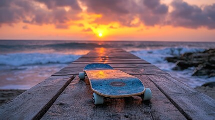 Skateboard on wooden pier at sunset.