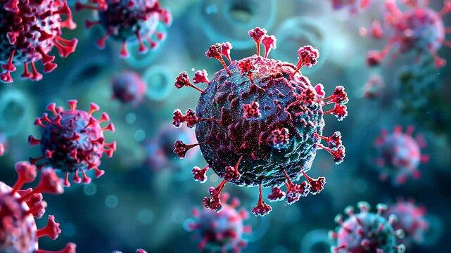 bunch of viruses are floating in the air. The viruses are brown and have a fuzzy appearance, Group of virus cells. 3D illustration, Coronavirus cells