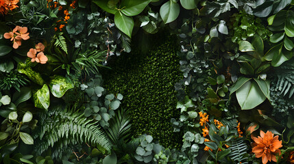  Lush green vertical garden with vibrant tropical foliage, orange flowers, and rich textures, perfect for eco-friendly , nature-inspired designs, and indoor landscaping
