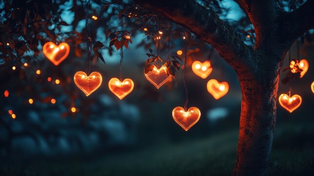 Illuminated Heart Shaped Lights Adorn Tree Branches At Night