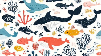 Tropical Sea Animals Cartoon Vector Seamless Pattern Illustration for Underwater Life