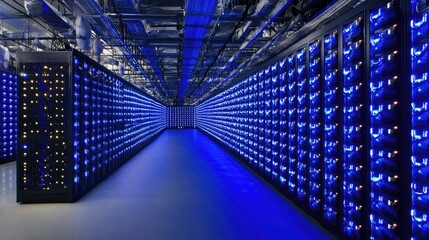 Obraz premium Data center with rows of servers lit with blue lights.