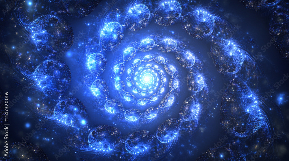 Poster swirling patterns of blue light create a mesmerizing cosmic spiral.