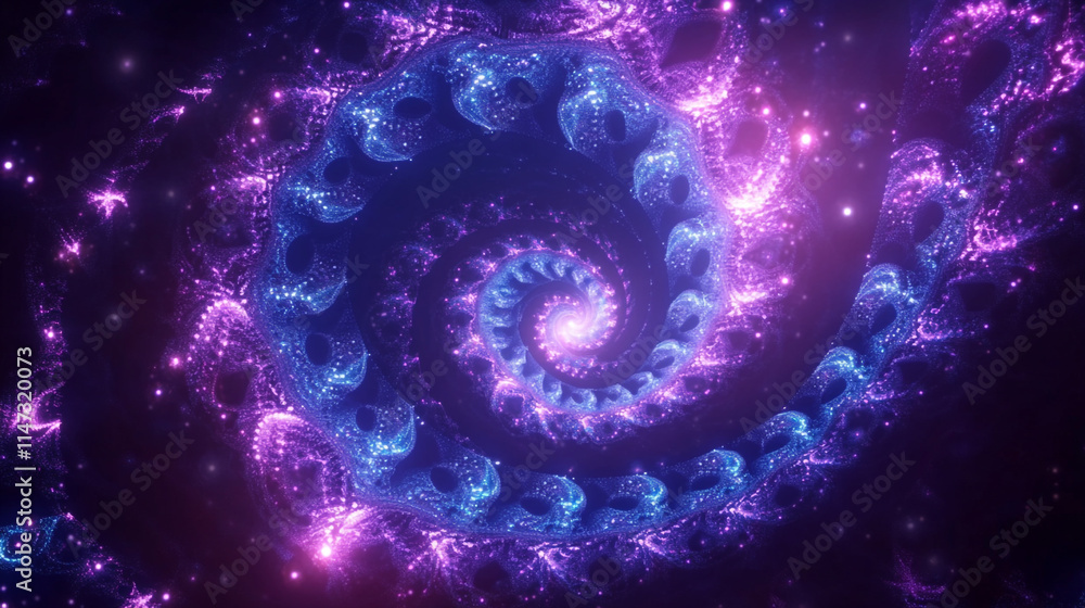 Poster colorful spiral fractal design with glowing elements in a deep space background.