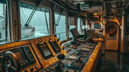 Fototapeta premium Rain-Streaked Ship's Bridge, Navigation Controls and Instruments Visible