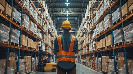 Warehouse worker in safety gear surveys extensive inventory rows.