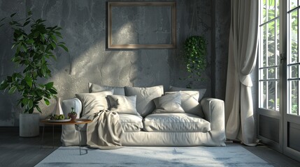 Luxurious gray walled living room interior, AI generated image