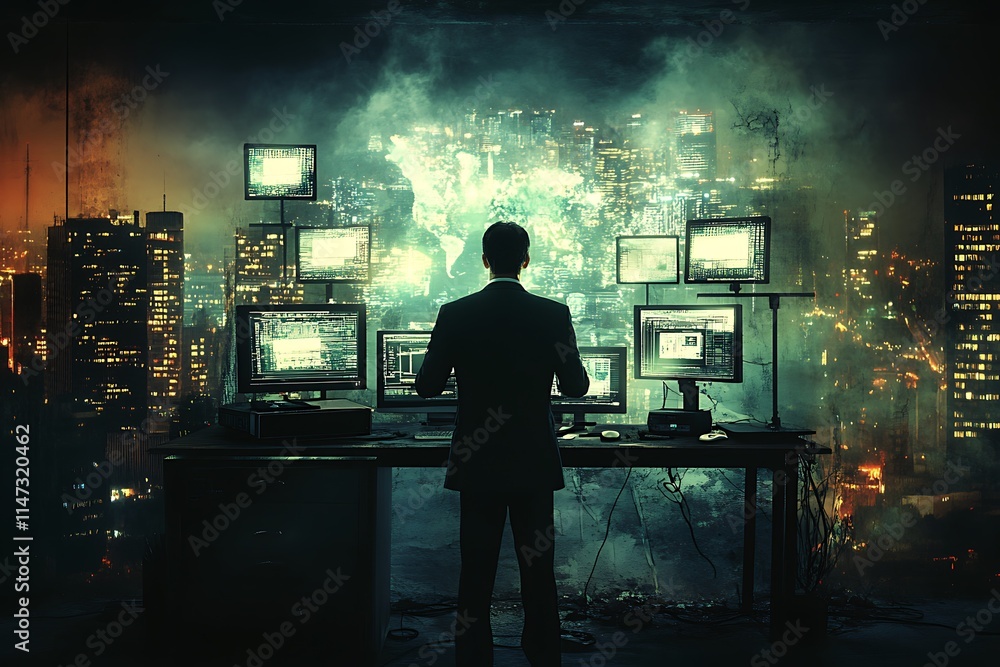 Poster cybersecurity expert monitoring global network. digital security concept.
