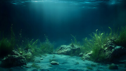 Underwater Scene: Sandy Seabed with Aquatic Plants and Rocks