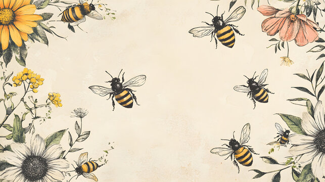 Vintage botanical illustration of bees flying around wildflowers on a rustic beige background, showcasing pollinators and floral beauty in a charming nature-inspired design