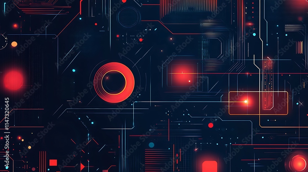 Aufkleber abstract digital artwork depicting a complex network of circuitry with red blue hues glowing lines s