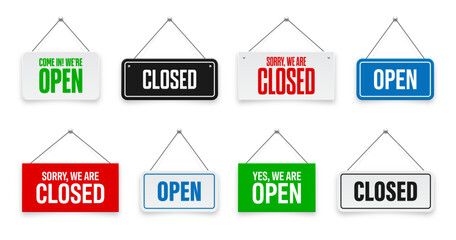 Realistic open or closed hanging signboards. Vintage door sign for cafe, restaurant, bar or retail store. Announcement banner, information signage for business or service. Vector illustration
