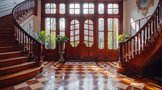Grand Entrance Hall with Ornate Wooden Staircases and Sunlit Windows - Powered by Adobe