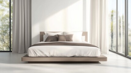Minimalist bedroom with white and soft taupe bedding. Featuring a clean, bright design with minimal decoration