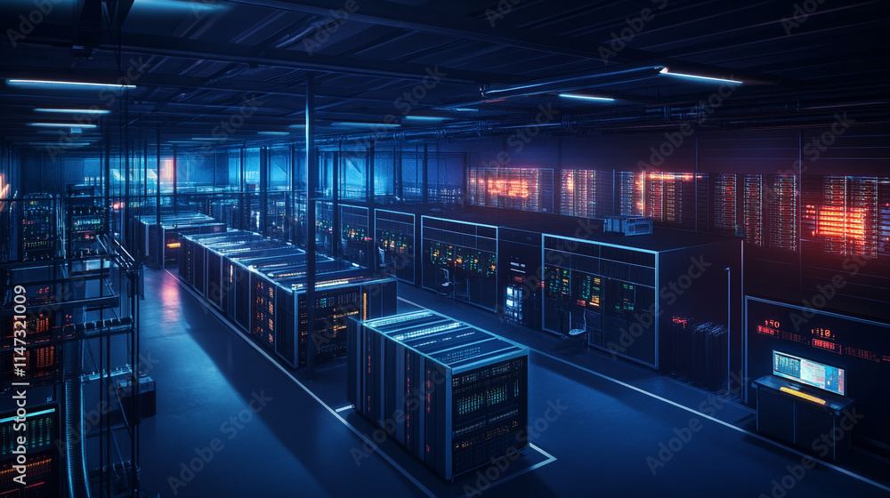 Poster high-tech data center filled with servers and illuminated screens at night.