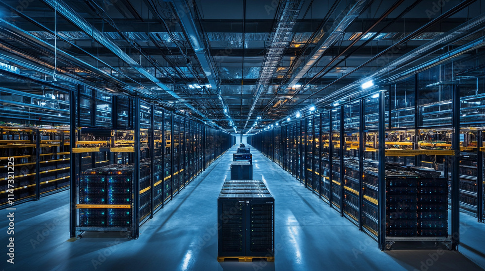 Aufkleber high-tech server room with rows of equipment and strong artificial lighting.