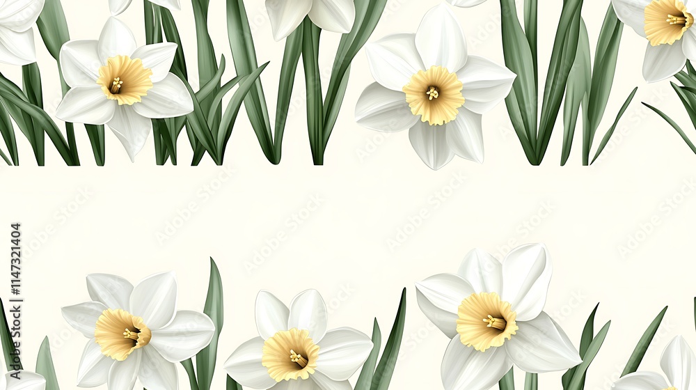 Poster daffodils spring border: a delicate and charming border of white daffodils with yellow centers and g
