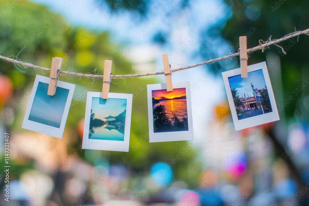 Leinwandbilder polaroid photos displayed on a string with clothespins in a vibrant outdoor setting. generative ai