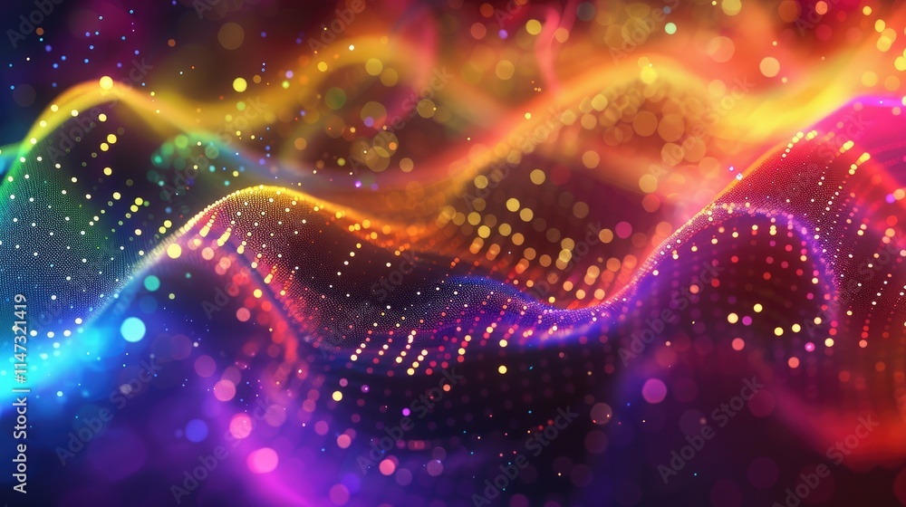 Poster Vibrant abstract background featuring colorful waves of dots and lines. This digital artwork creates a mesmerizing and energetic atmosphere, perfect for various creative projects.