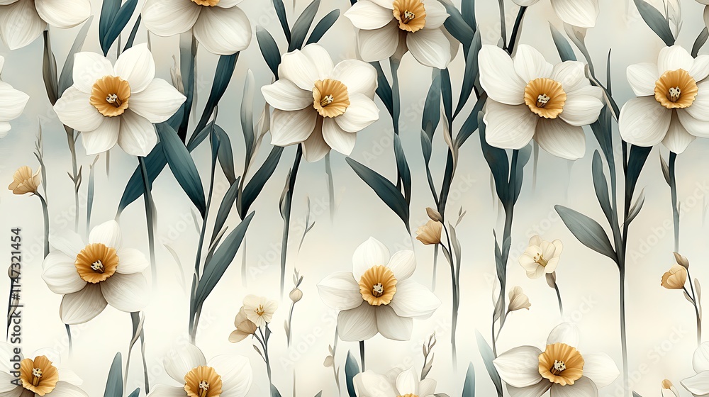 Poster daffodil delight: a delicate and ethereal pattern of white daffodils with golden centers, set agains
