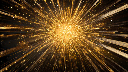 A bright, golden light shines from the center of the image, radiating outwards with long rays. the light creates a starburst effect against a dark background. Starburst. Illustration