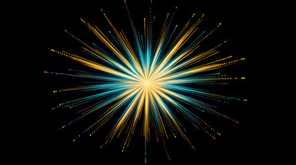 A digital illustration of a neon powder starburst with radiating lines of yellow and blue and rainbow colors, with transparent background. Starburst. Illustration