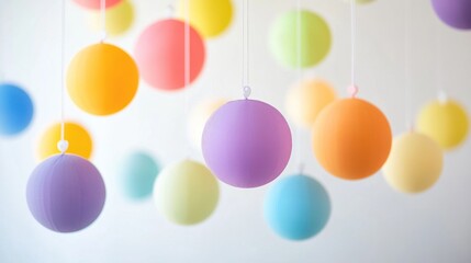 Soft and vibrant rainbow gradient spheres, floating delicately in a lively composition, perfect for kids' party or playroom decoration