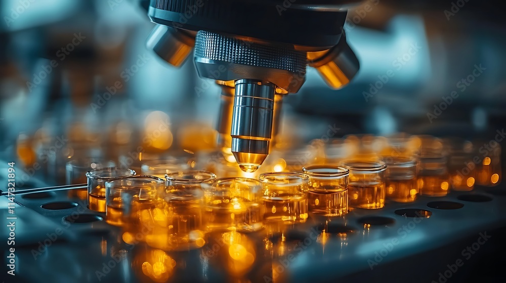 Poster microscope examining samples in a laboratory: a close-up view of a microscope lens focused on a grid