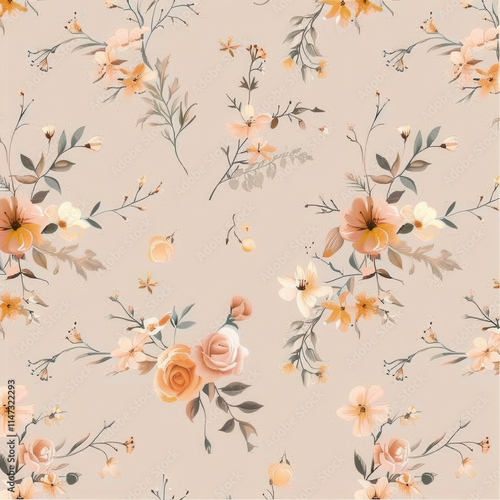 Poster floral pattern with soft peach and cream tones on a light background, perfect for fabric or wallpape