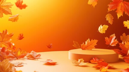 Thanksgiving marketing banner with a seasonal podium, scattered fall leaves, and discount tags, highlighted by a glowing orange backdrop