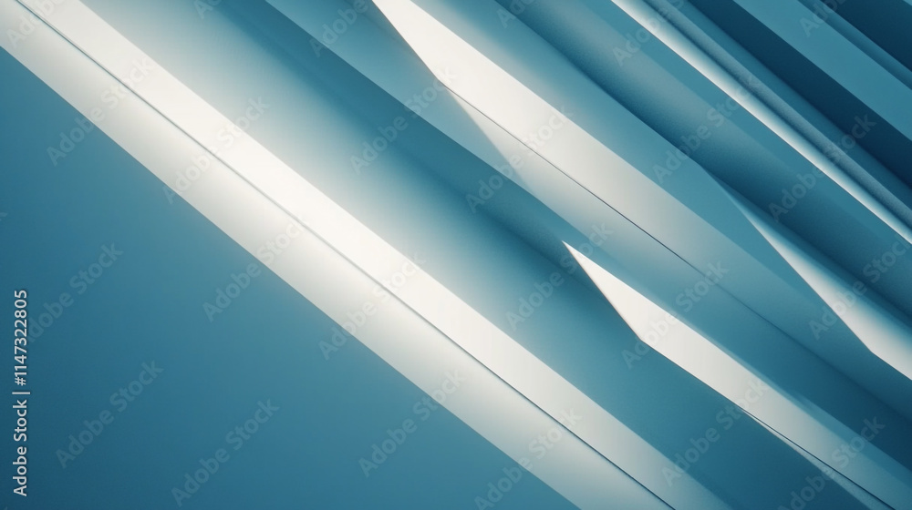 Poster abstract geometric shapes intersecting with light and shadow in blue tones.