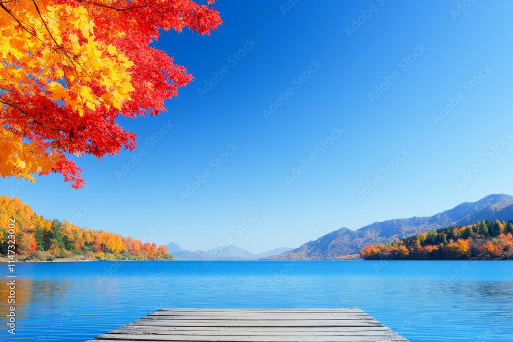 Poster a beautiful lake with a dock and a tree with red leaves