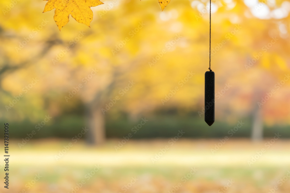 Poster a black object hangs from a tree branch in a park