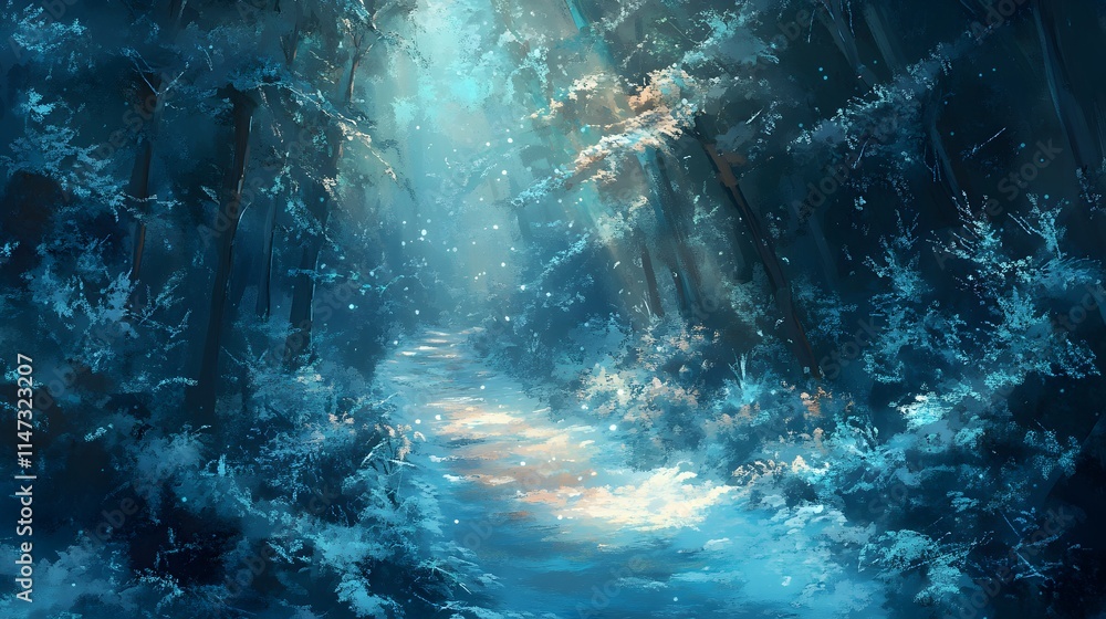 Poster a snowy pathway through a dense pine forest, with soft light filtering through the frosty branches