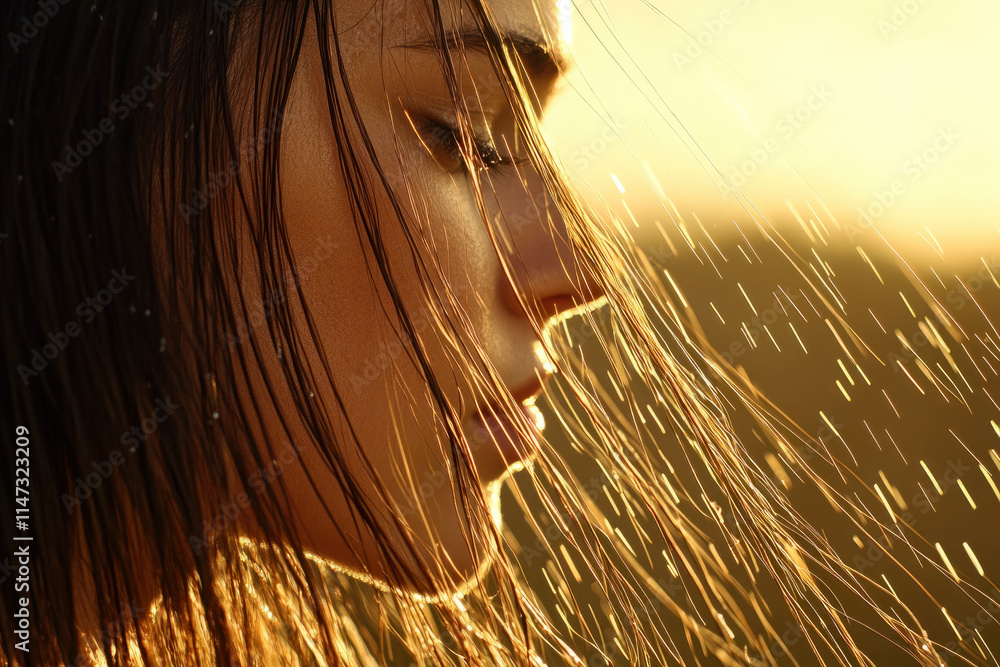 Wall mural A woman with wet hair is standing in the sun