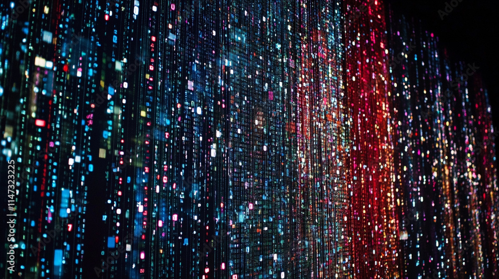 Poster colorful digital patterns create a mesmerizing abstract art display at night.