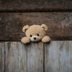 Obraz premium Teddy bear peeking over a rustic wooden fence, cozy and nostalgic vibe, perfect for children’s storytelling, creative projects, and warm-hearted designs