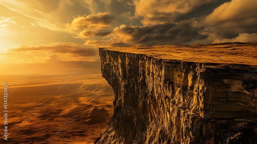 Wall mural A dramatic view of the edge of a desert cliff, overlooking a vast sea of golden sand dunes under a cloudy sky