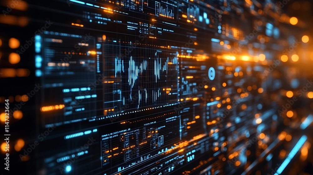 Poster digital abstract: a mesmerizing digital abstract, featuring a wall of glowing blue and orange data s