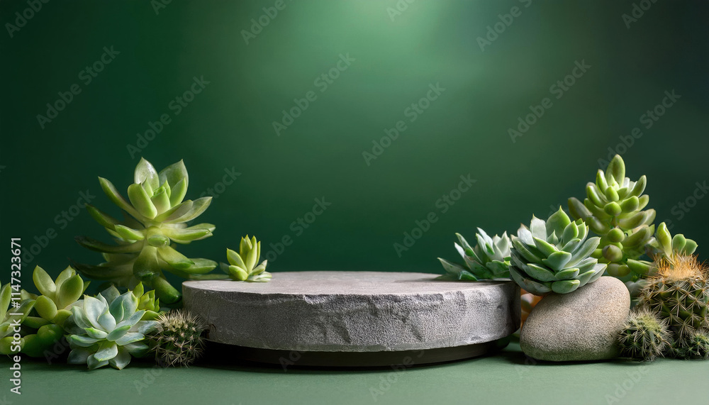 Poster podium with smooth stone texture surrounded by various succulents and soft green lighting creates se