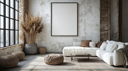 Minimalist living room with an empty frame on the wall. Generative AI