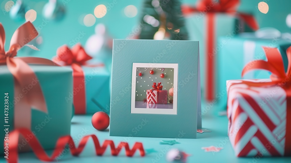Fototapete greeting card design featuring holiday gifts and decorations on a vibrant background with ample copy