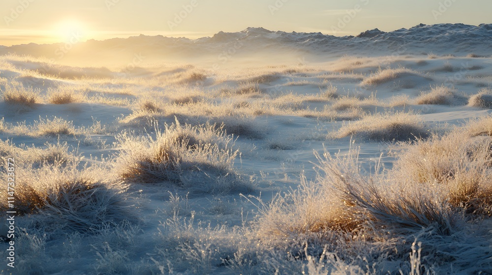 Aufkleber a frosty desert morning with sand dunes covered in a thin layer of frost, glowing softly under the f