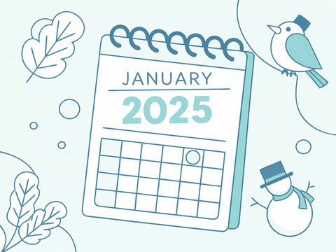 January 2025 calendar with a winter design, featuring little birds, fallen leaves and snowmen. The pale blue color gives a fresh and soft winter feel.
