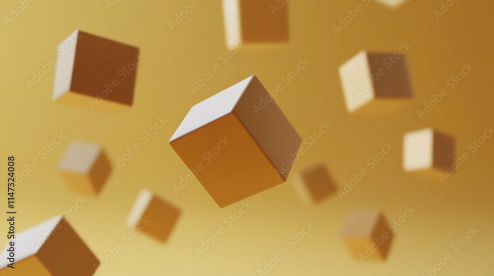 Poster floating geometric shapes agnst a warm yellow background create a dynamic visual.