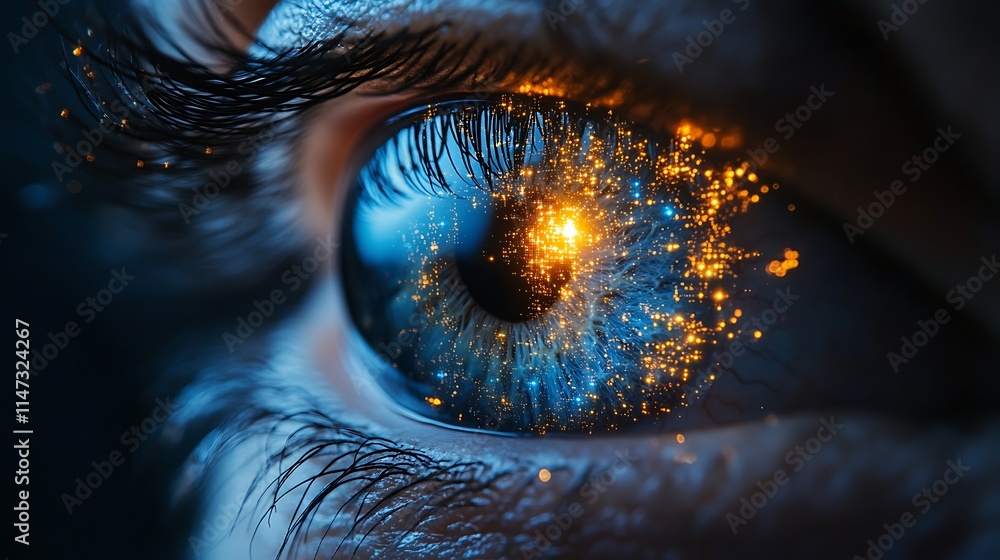 Poster the spark within: a mesmerizing close-up of a human eye, with a captivating burst of golden light ra