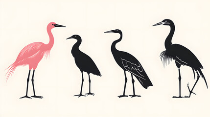 Obraz premium Elegant bird illustrations, pink heron and black silhouettes, modern minimalist art style, perfect for wildlife themes, graphic designs, and nature-inspired projects