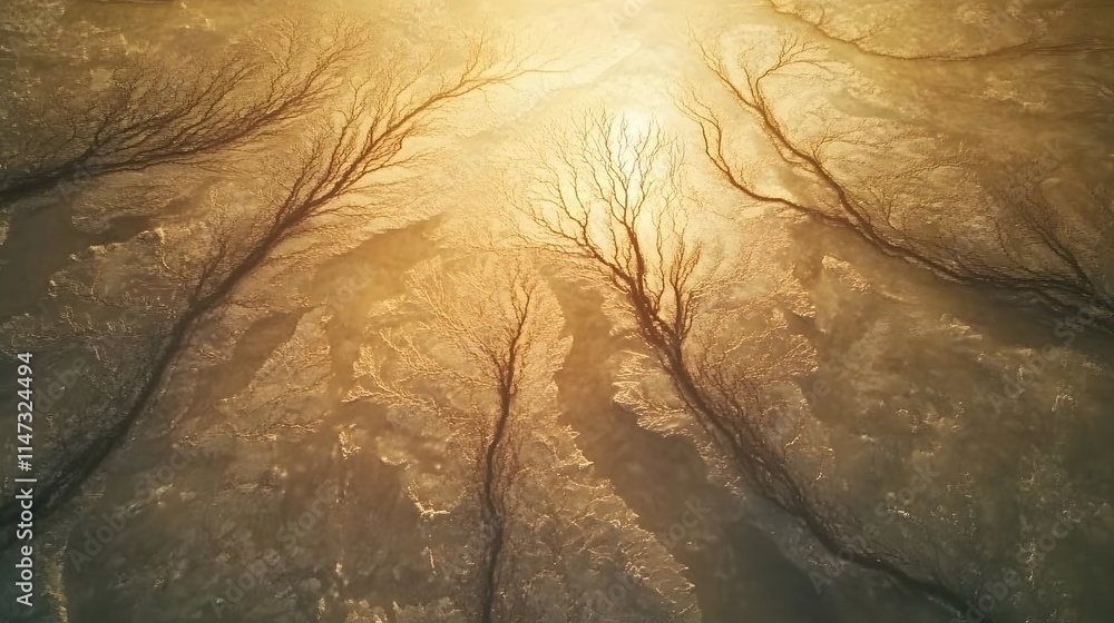 Poster aerial view of a frozen river delta with intricate branching patterns glowing softly under the golde